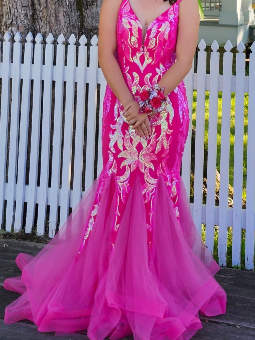 Hot Pink Sequin Mermaid Formal Dress with Tulle Skirt